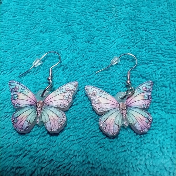 Aqua purple pink butterfly wire dangle earrings - Picture 3 of 3